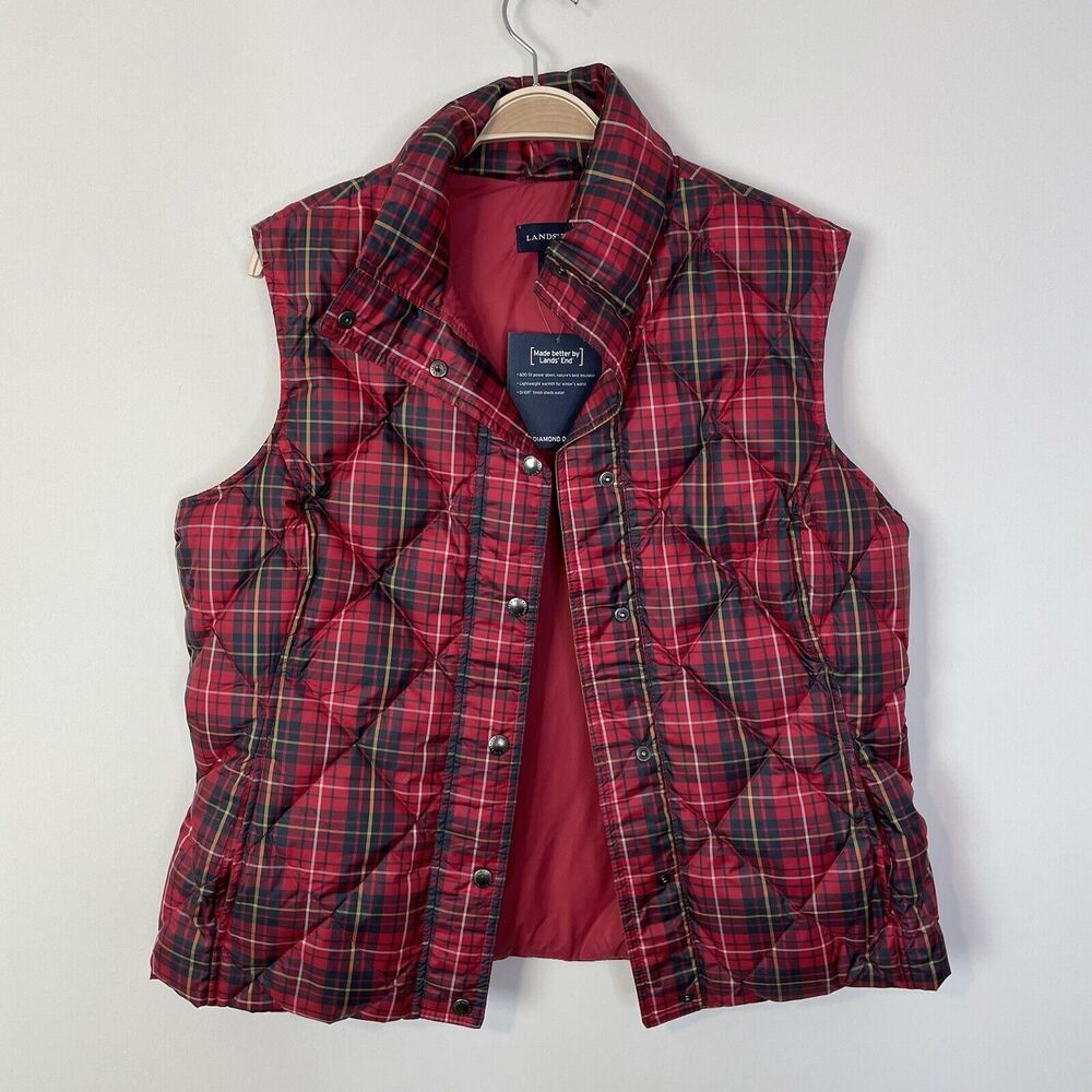 Lands' End Womens Puffer Down Vest‎ Size Med 10-12 Red Tartan Plaid Lightweight